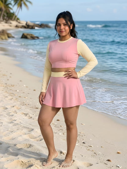 Pink & Cream Long Sleeve Crop Top Swim Skirt Set