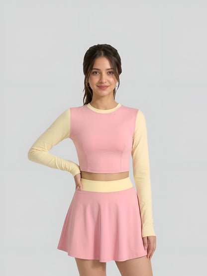 Pink & Cream Long Sleeve Crop Top Swim Skirt Set