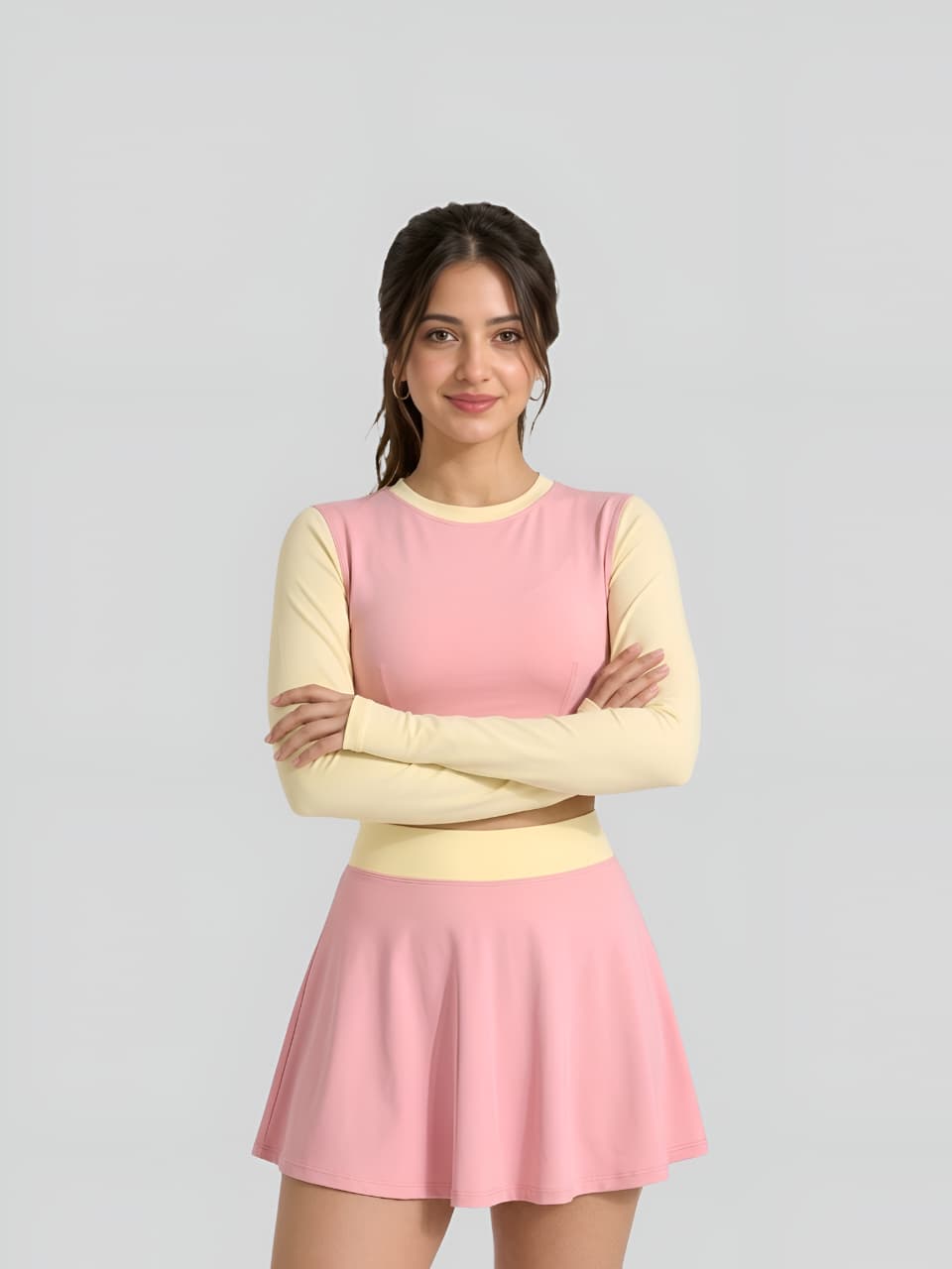 Pink & Cream Long Sleeve Crop Top Swim Skirt Set