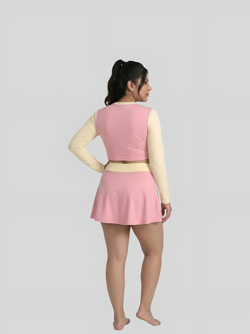 Pink & Cream Long Sleeve Crop Top Swim Skirt Set