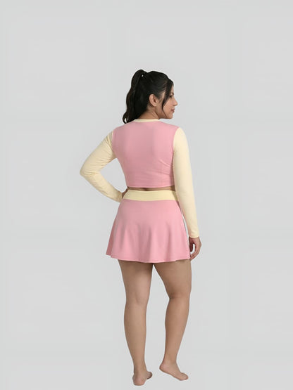 Pink & Cream Long Sleeve Crop Top Swim Skirt Set