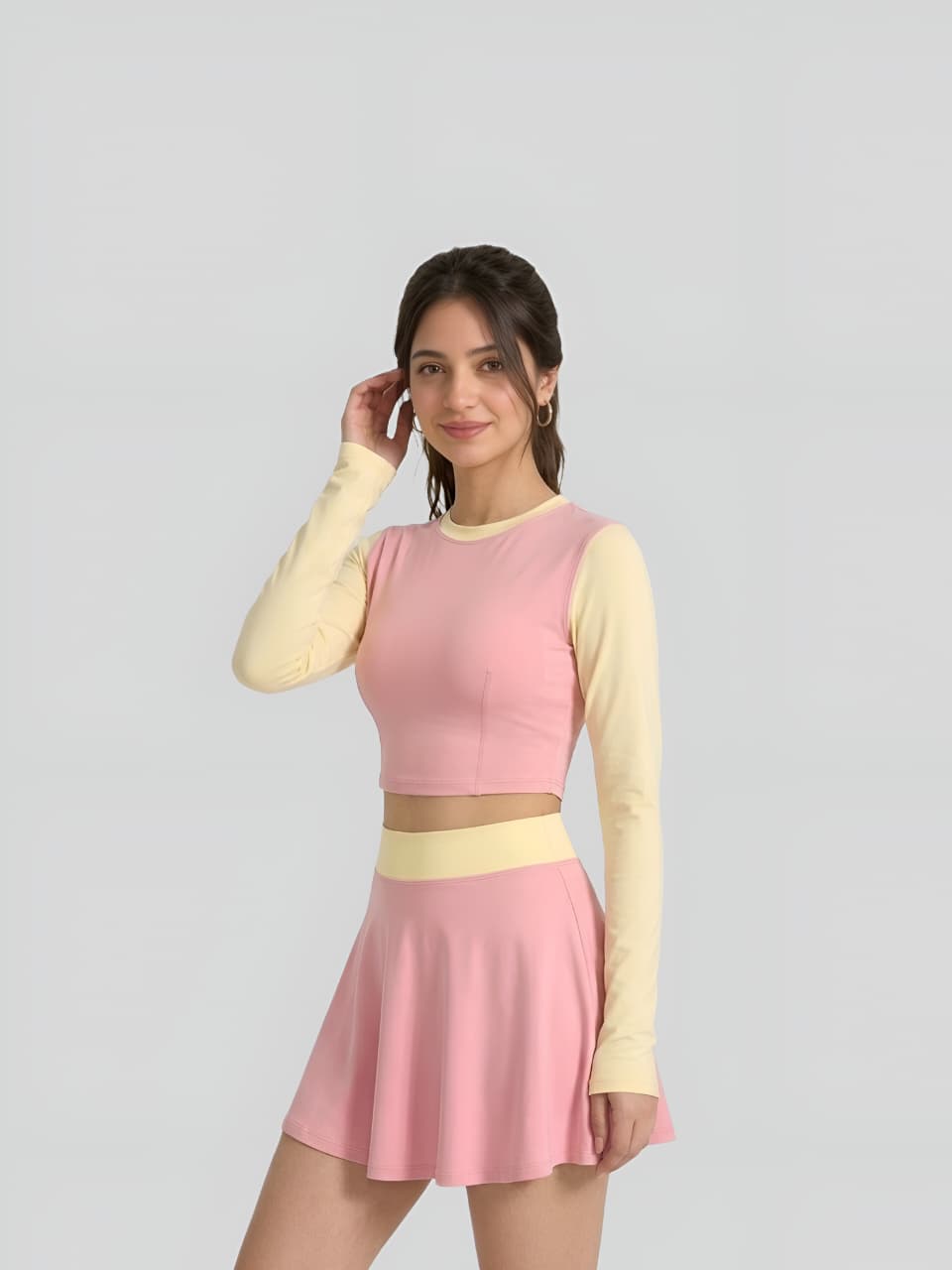 Pink & Cream Long Sleeve Crop Top Swim Skirt Set