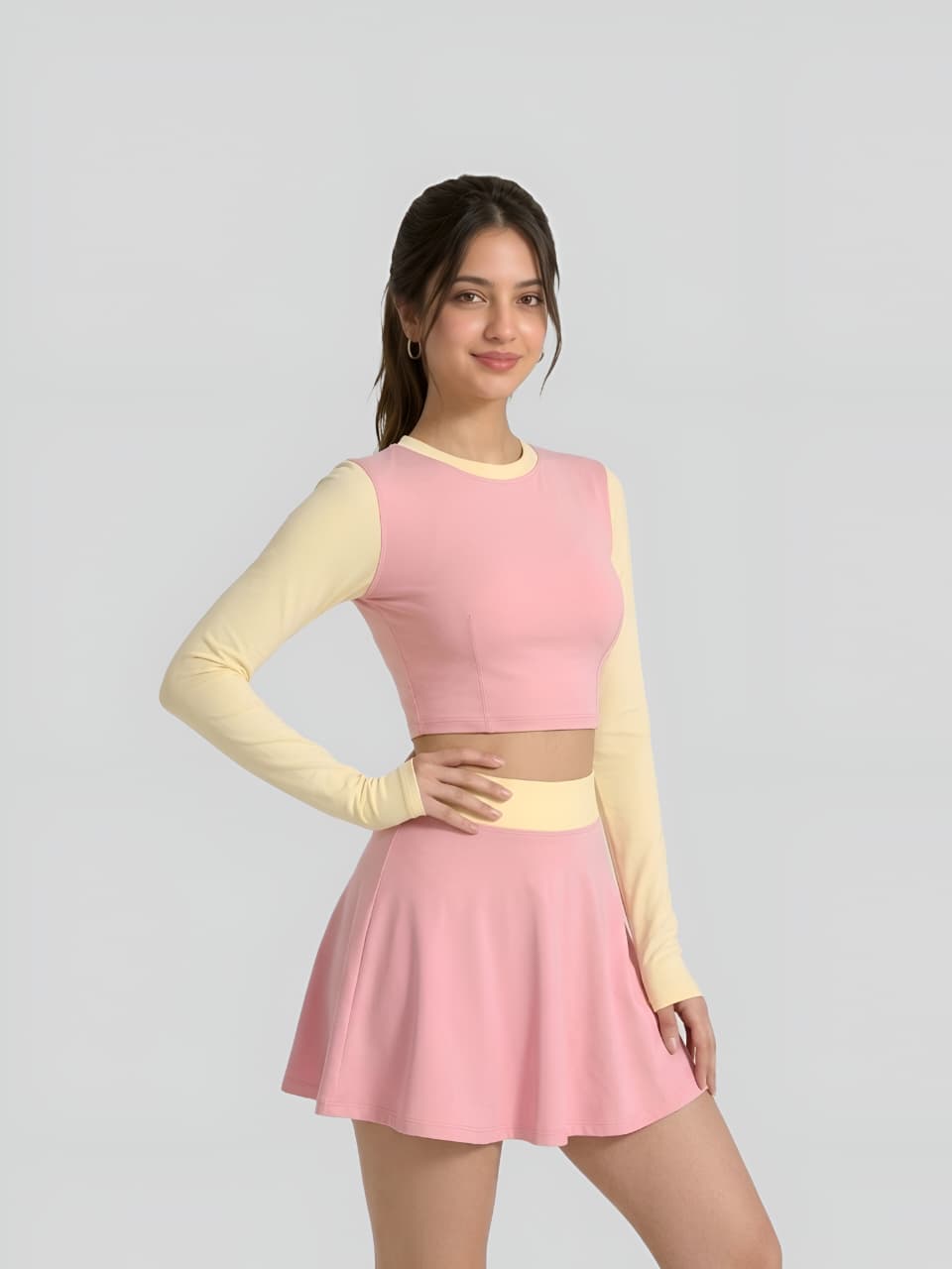Pink & Cream Long Sleeve Crop Top Swim Skirt Set