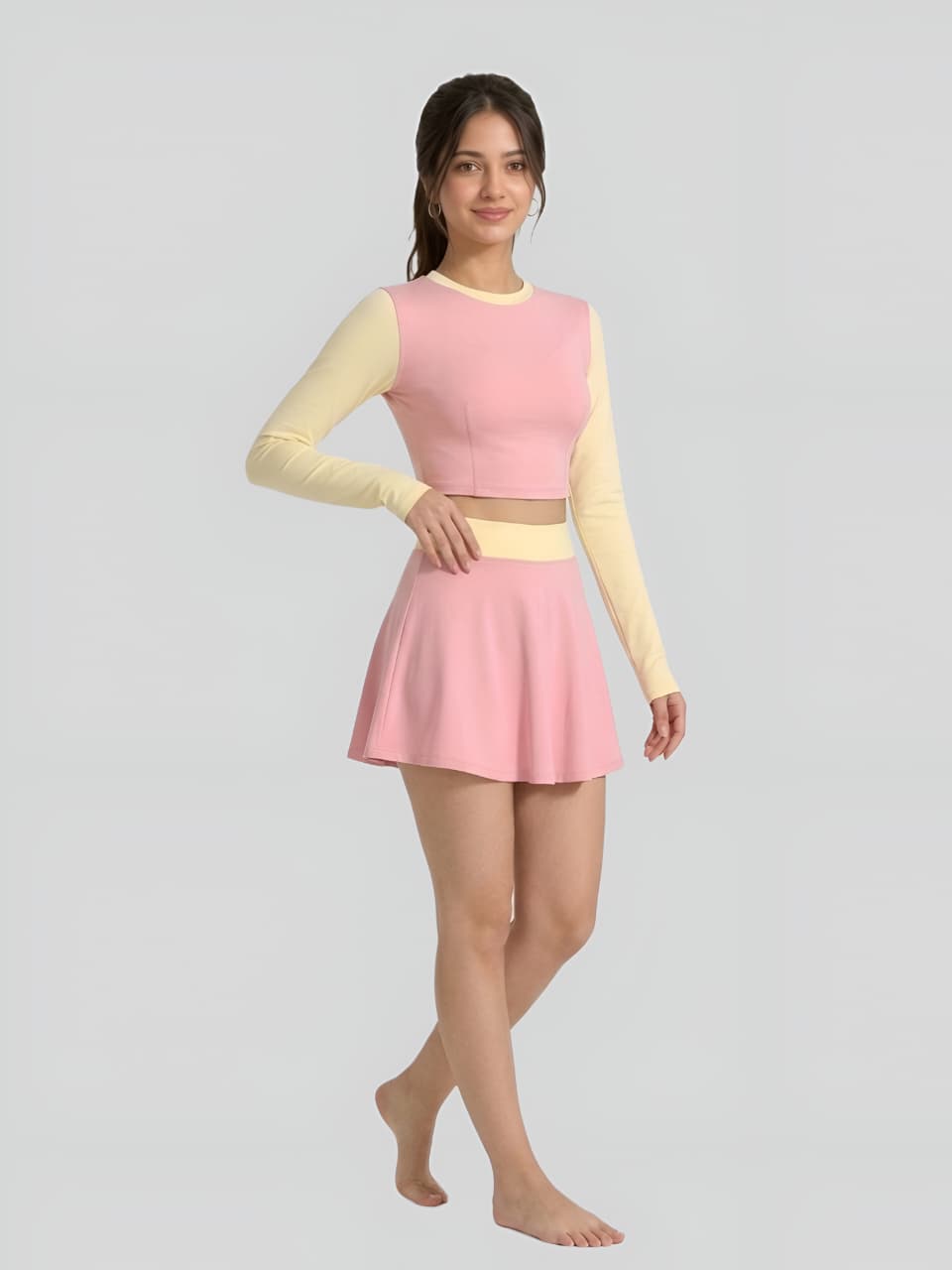 Pink & Cream Long Sleeve Crop Top Swim Skirt Set