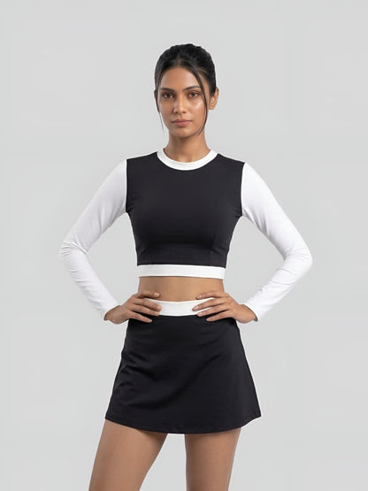 Monochrome Long Sleeve Crop Top & Skirt Swim Set – Black & White
