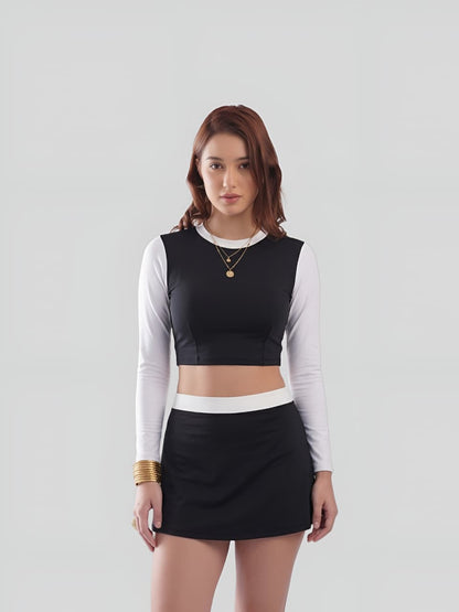 Monochrome Long Sleeve Crop Top & Skirt Swim Set – Black & White