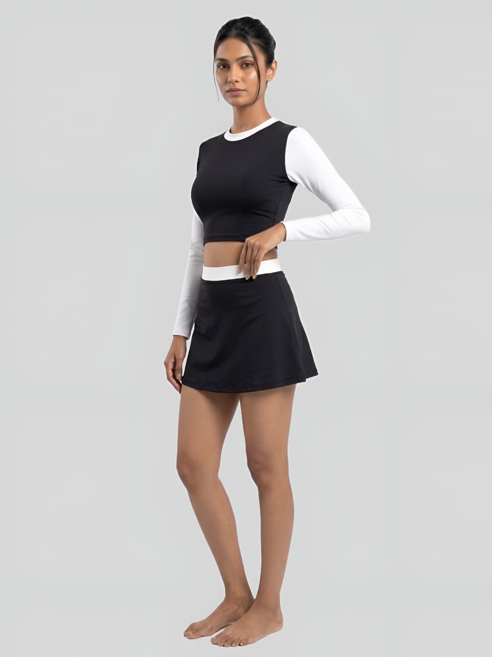 Monochrome Long Sleeve Crop Top & Skirt Swim Set – Black & White