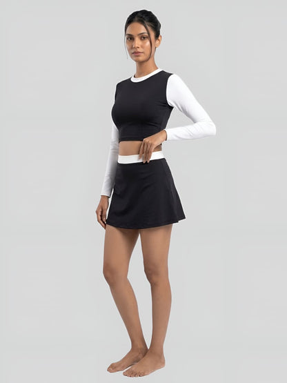 Monochrome Long Sleeve Crop Top & Skirt Swim Set – Black & White