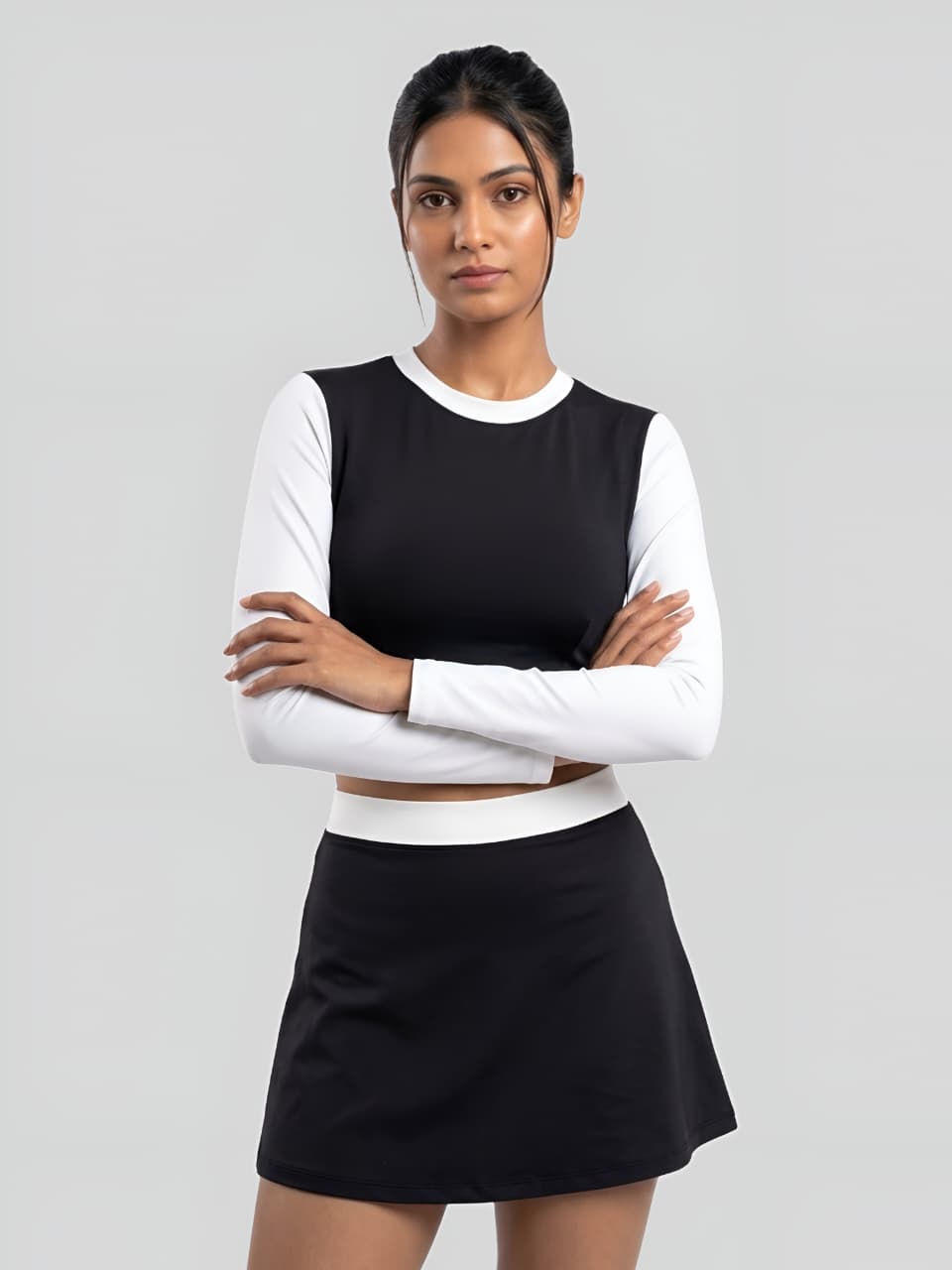 Monochrome Long Sleeve Crop Top & Skirt Swim Set – Black & White