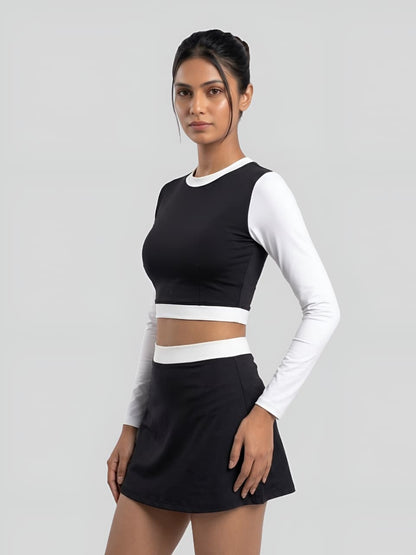 Monochrome Long Sleeve Crop Top & Skirt Swim Set – Black & White