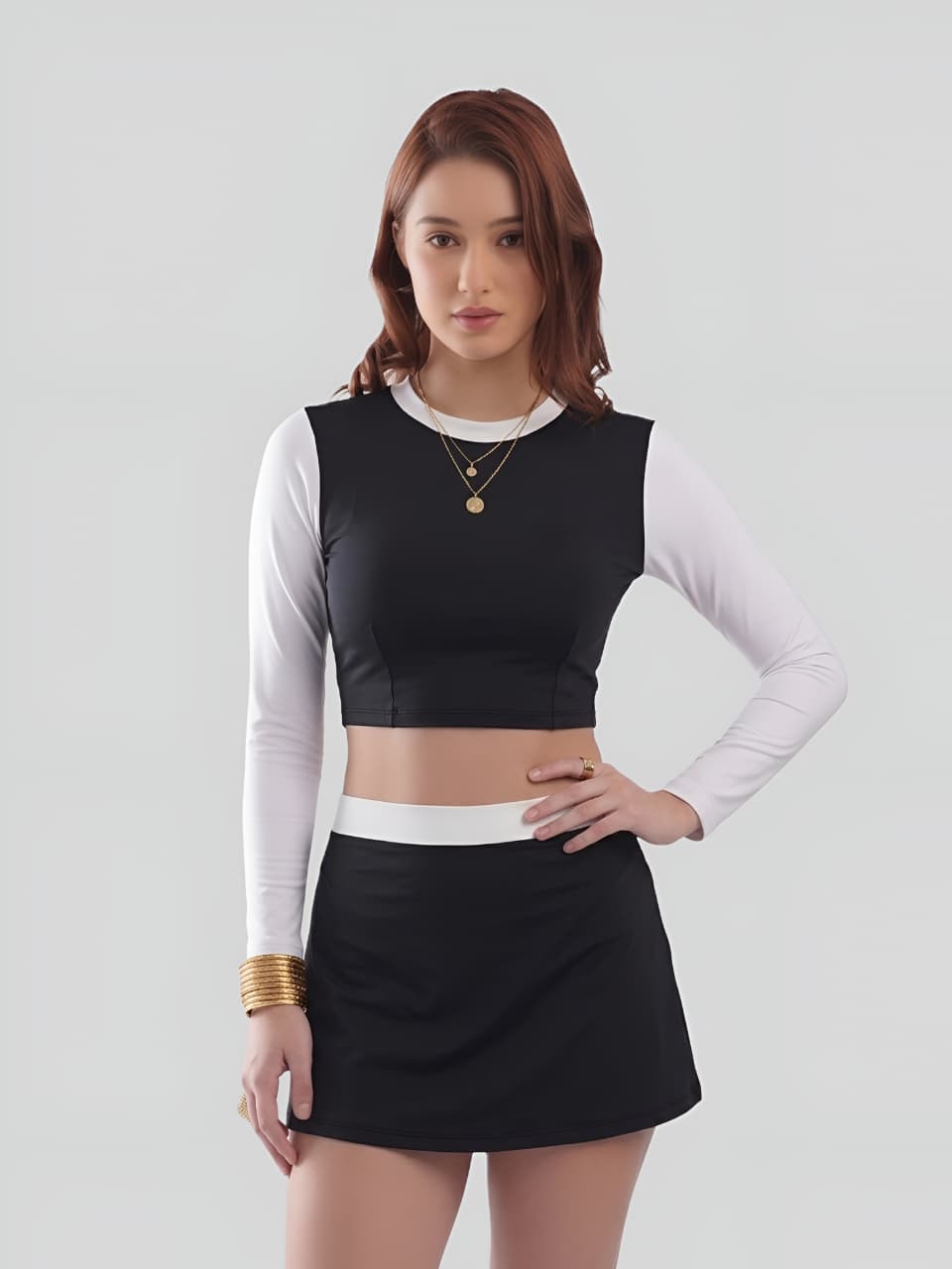 Monochrome Long Sleeve Crop Top & Skirt Swim Set – Black & White