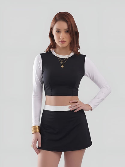 Monochrome Long Sleeve Crop Top & Skirt Swim Set – Black & White