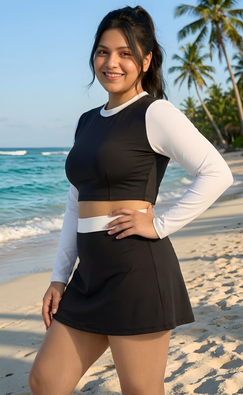 Monochrome Long Sleeve Crop Top & Skirt Swim Set – Black & White
