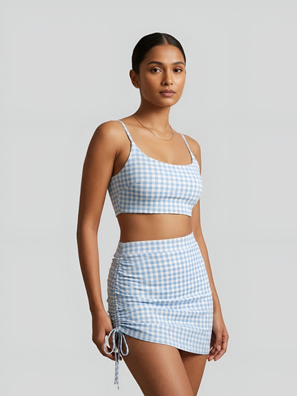 Blue Gingham Crop Top & Ruched Skirt Swim Set
