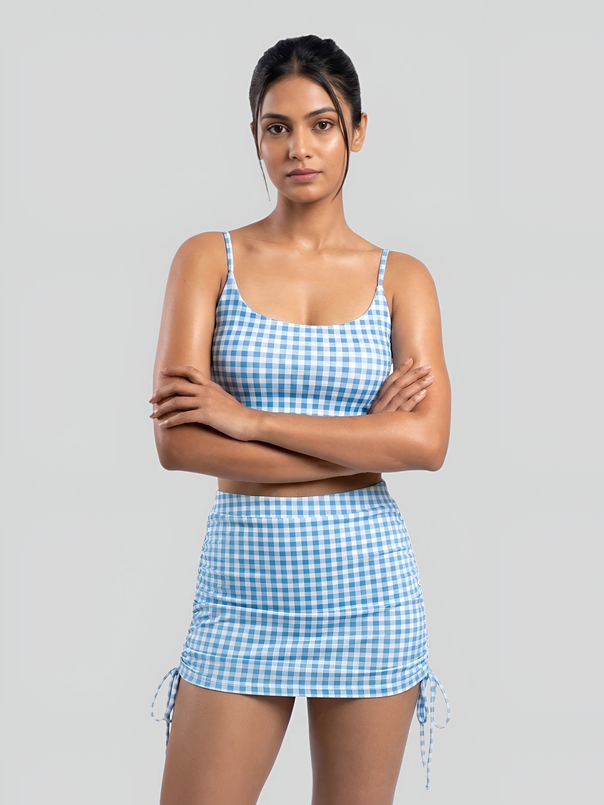 Blue Gingham Crop Top & Ruched Skirt Swim Set