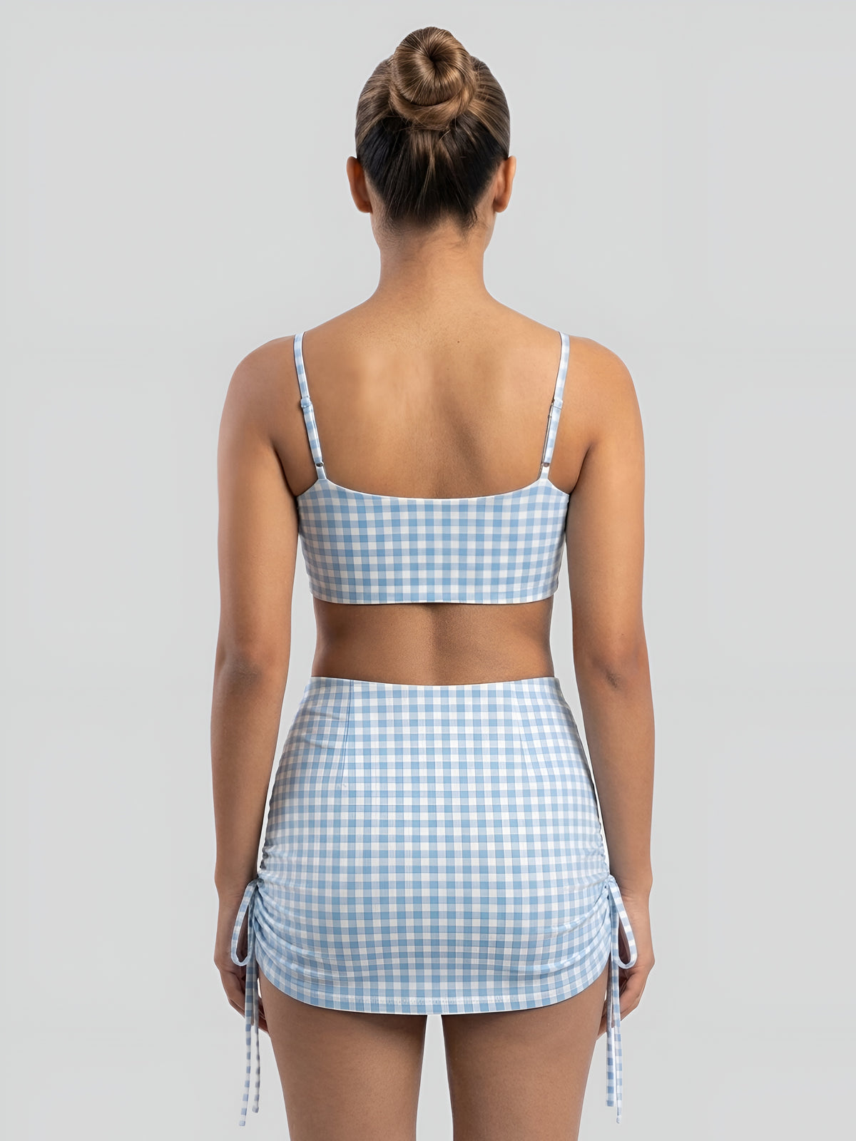 Blue Gingham Crop Top & Ruched Skirt Swim Set