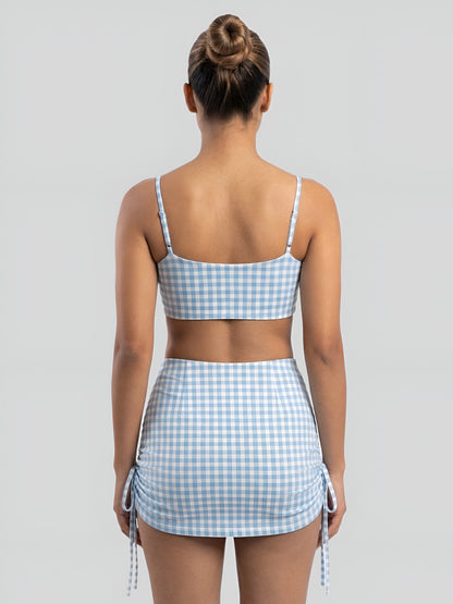 Blue Gingham Crop Top & Ruched Skirt Swim Set