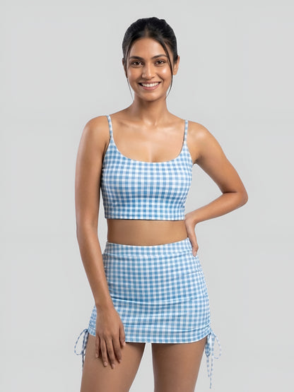 Blue Gingham Crop Top & Ruched Skirt Swim Set