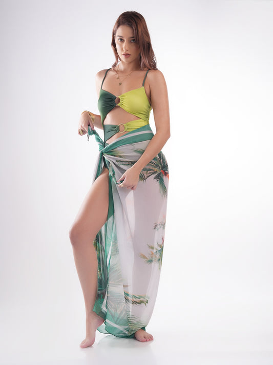 Bold Curve Ombre Green One Pcs Swimwear with Cover up