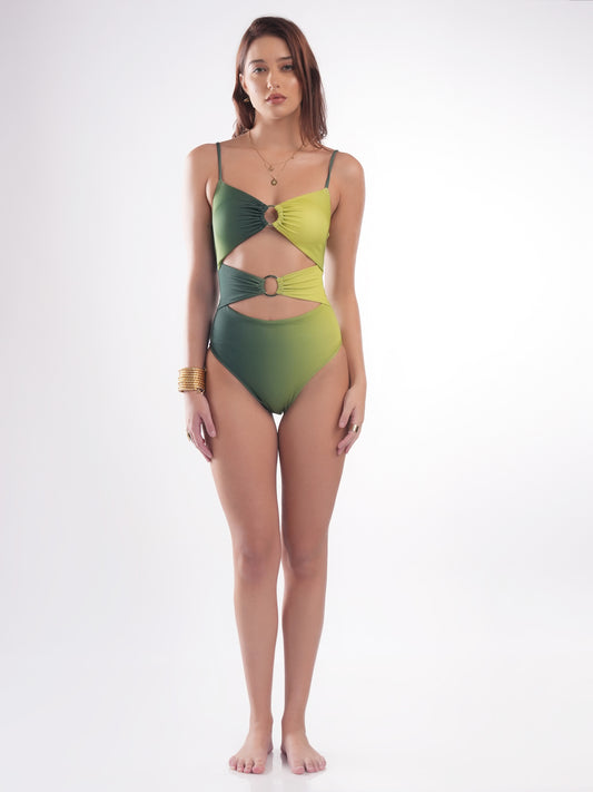 Bold Curve Ombre Green One Pcs Swimwear with Cover up