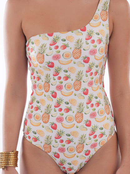 Bold Curve One Shoulder Fruit Swimwear One Piece Swimsuit for Women with Sarong