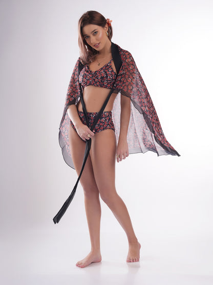 Bold Curve Black Leaf Swimwear Front Cross for Women with Cover up