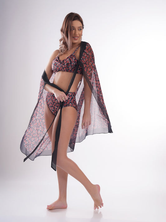 Bold Curve Black Leaf Swimwear Front Cross for Women with Cover up