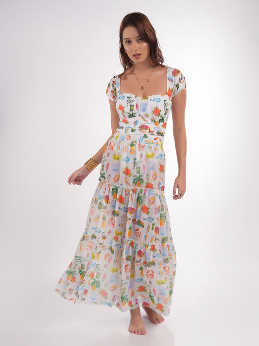 Bold Curve Beach Tropical Off Shoulder One Piece Swimwear with Long Skirt