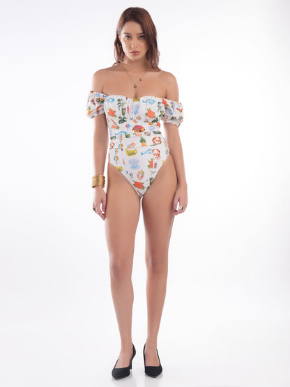Bold Curve Beach Tropical Off Shoulder One Piece Swimwear with Long Skirt