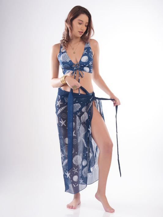 Bold Curve Blue Sea Creature Swimwear Front Tie Two Piece for Women with Sarong