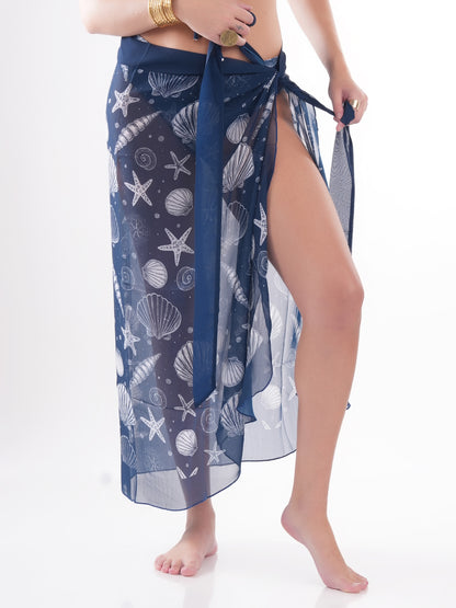 Bold Curve Blue Sea Creature Swimwear Front Tie Two Piece for Women with Sarong