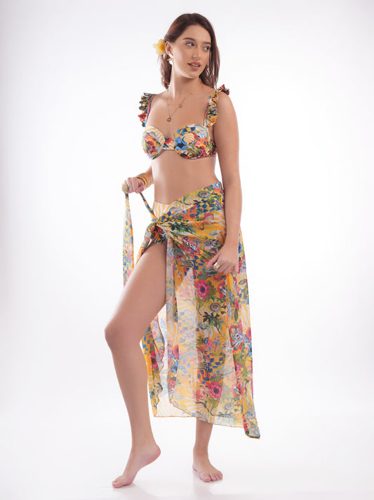 Bold Curve Tropical Jungle Floral Underwired Two Piece Swimwear with Sarong