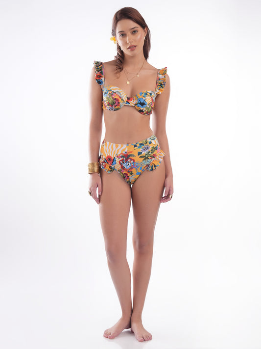 Bold Curve Tropical Jungle Floral Underwired Two Piece Swimwear with Sarong