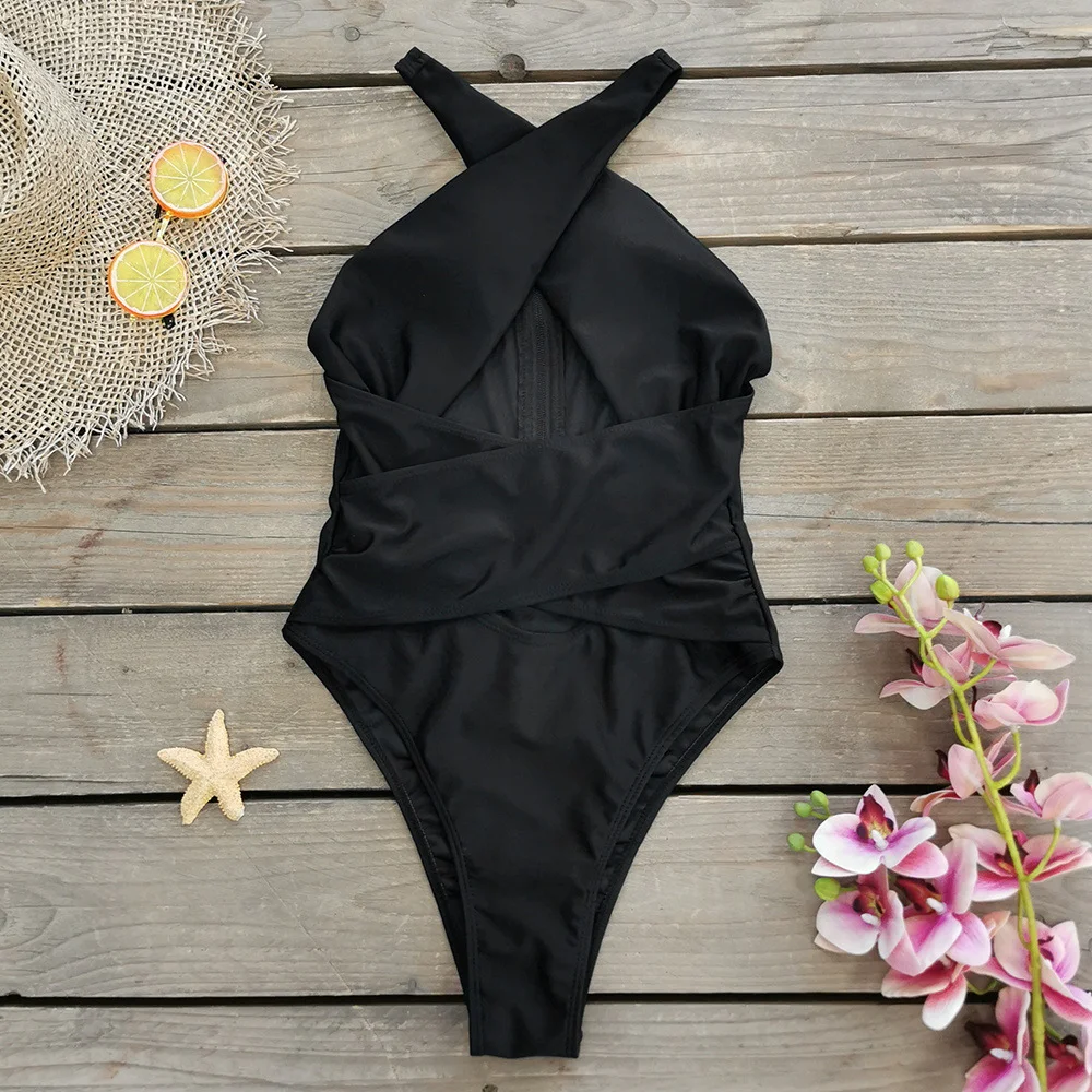 Women Cross Front One Piece Halter Neckline Swimsuit